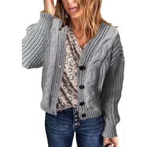 Classic grey chunky cable knit cardigan with V-neck and black buttons for women