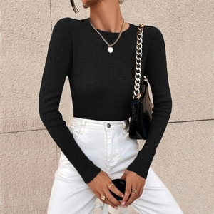Chic black long sleeve ribbed knit sweater for women with a classic crewneck design