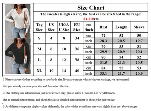 Size chart for women's V-neck polo knit sweater from S to XL with detailed measurements