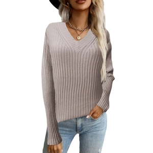 Women's V-neck long sleeve knit sweater with vertical ribbed texture in taupe color
