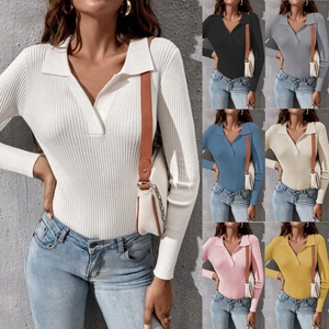 Women Ribbed Knit Polo Sweater Slim Fit Long Sleeve V Neck Pullover Top Elegant Solid Color Commuter Knitwear Spring Autumn