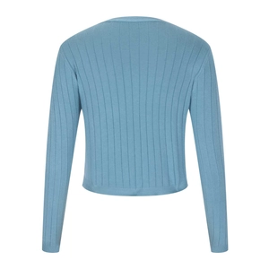 Vue arrière d'un cardigan en maille bleu ciel à manches longues avec col rond