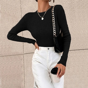 Detail of black ribbed knit sweater featuring a classic round neck and slim fit design