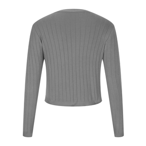 Vue arrière d'un cardigan gris en maille côtelée avec manches longues et coupe courte