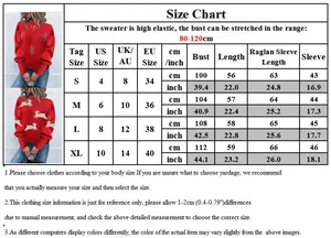 Detailed size chart for Christmas sweater showing S-XL measurements and US/EU conversions