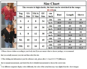 Detailed size chart for V-neck knit cardigan sweater with US/UK/EU measurements guide