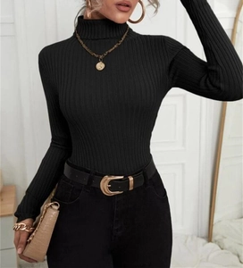 Detail shot of black ribbed turtleneck sweater showing fine knit texture and slim fit