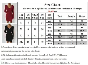 Guide des tailles détaillé pour robe courte en maille col V avec mesures de S à XL en cm/pouces