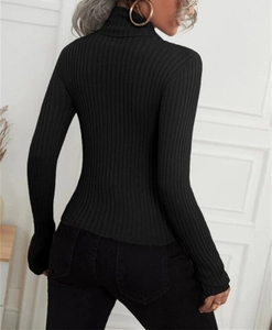 Close-up of black turtleneck rib-knit sweater showing vertical texture and slim fit