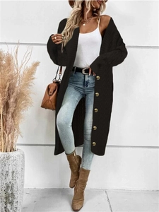 Detail of black cable knit long cardigan featuring large golden buttons on a model