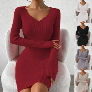 Robe Moulante Sexy pour Femmes Col en V Bord Festonné Tricot Côtelé Manches Longues Coupe Ajustée Couleur Unie Automne