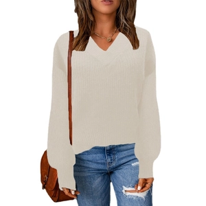 Women's V-neck knit pullover sweater in beige featuring casual drop shoulder and ribbed cuffs