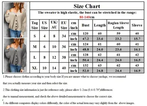 Size chart for women's V-neck knit cardigan showing S to XL dimensions in cm and inches