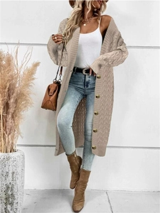 Detailed cable-knit texture of the long beige knit cardigan with round buttons