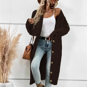 Women's dark brown cable knit cardigan with V-neck and gold buttons for casual wear