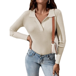 Women's rib-knit polo sweater in cream white with a V-neckline and slim fit design