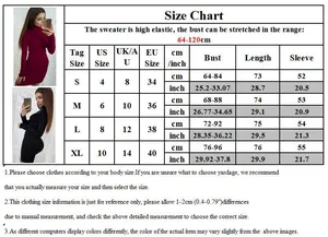 Größentabelle für Damen-Strickkleid mit Stehkragen und detaillierten Maßen von Größe S bis XL