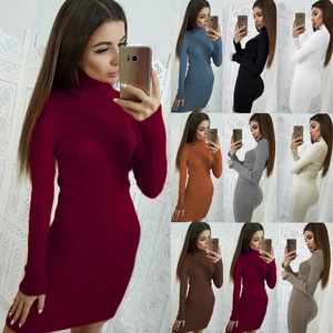 Damen Slim Fit Hoher Kragen Langarm Rippstrick Bodycon Minikleid Einfarbig Herbst Winter Casual Modekleid
