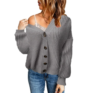Women's loose grey knit cardigan with V-neck and wooden buttons for autumn fashion wear