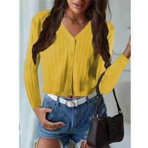 Gilet en maille jaune pour femme avec col en V, boutons et texture à rayures verticales