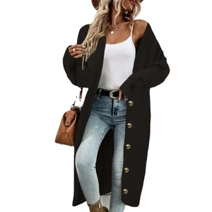 Women's long black chunky cable knit cardigan sweater with elegant metallic buttons