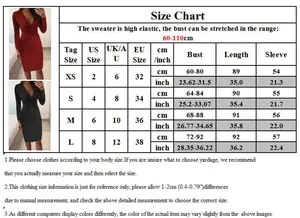 Tableau des tailles détaillé pour robe en tricot col V avec mesures US, UK et EU en cm et inch