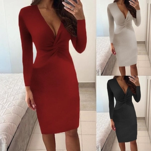 Robe Moulante Femme Sexy Col en V Nœud Torsadé Manches Longues Tricot Côtelé Couleur Unie Coupe Slim Midi Automne Hiver