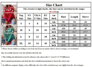 Detailed size chart for Christmas sweaters including US EU UK measurements and elastic ranges