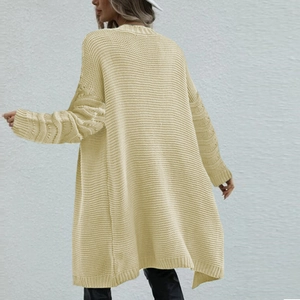 Detailed back view of a chunky knit cardigan showing thick texture and loose fit design