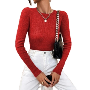 Slim fit red rib-knit crewneck sweater for women styled with white trousers and accessories