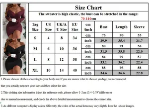Guide des tailles pour robe en maille montrant le buste et la longueur en cm et pouces
