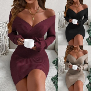 Robe Bodycon en Tricot Côtelé à Épaules Dénudées et Col en V pour Femmes Manches Longues Coupe Ajustée Mini Robe de Noël Fête