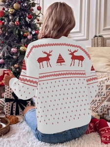 Rear view of festive white Christmas sweater with red reindeer and tree patterns