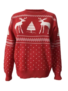 Women's red Christmas sweater with reindeer and pine tree knit patterns on white background