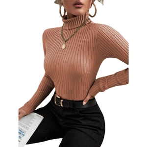 Women's slim-fit turtleneck sweater in brick red with vertical ribbed knit texture