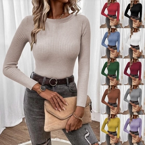 Women's Round Neck Long Sleeve Ribbed Knit Sweater Slim Fit Solid Color Pullover Top Elegant Autumn Casual Jumper