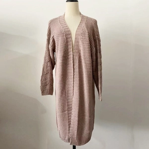 Detail of chunky knit texture on long dusty pink open-front cardigan for women