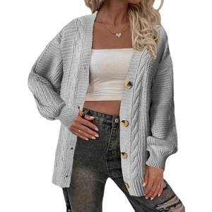 Light grey cable knit cardigan with oversized buttons and casual loose fit for women