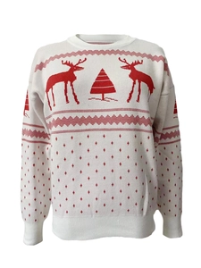 Detail of festive knit sweater featuring red reindeer and Christmas tree patterns on white