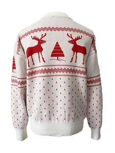 Detailed back view of white knit Christmas sweater with red reindeer and tree patterns