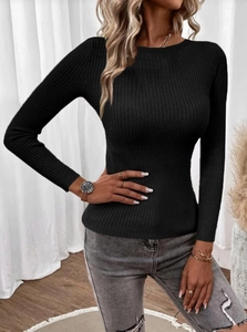 Close-up of the ribbed knit texture and round neckline on a black slim fit sweater