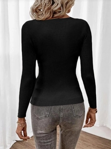 Close-up of black slim fit ribbed knit sweater showing the vertical texture and back fit