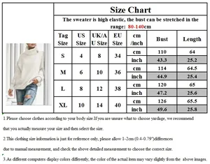 Size chart for high-elastic turtleneck sweater showing US, UK, EU sizes and bust measurements