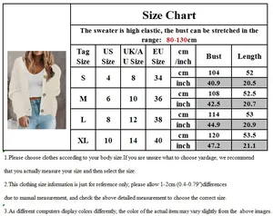 Size chart for women's buttoned cardigan sweater with bust and length measurements in cm/inch