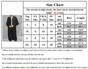 Size chart for women's long cardigan showing bust and length in CM and inches