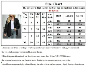 Size chart for women's chunky knit cardigan showing measurements in cm and inches for S-XL