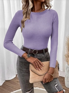 Close-up of purple ribbed knit sweater showing detailed texture and slim fit design