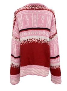 Women's festive color-block knit sweater featuring abstract patterns and long drop sleeves