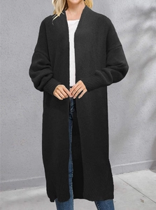 Elegant women's long black knit cardigan with ribbed cuffs and hem for a casual autumn look