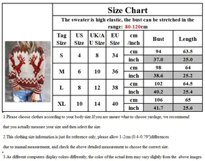 Detailed size chart for Christmas crewneck sweater with measurements for S to XL sizes